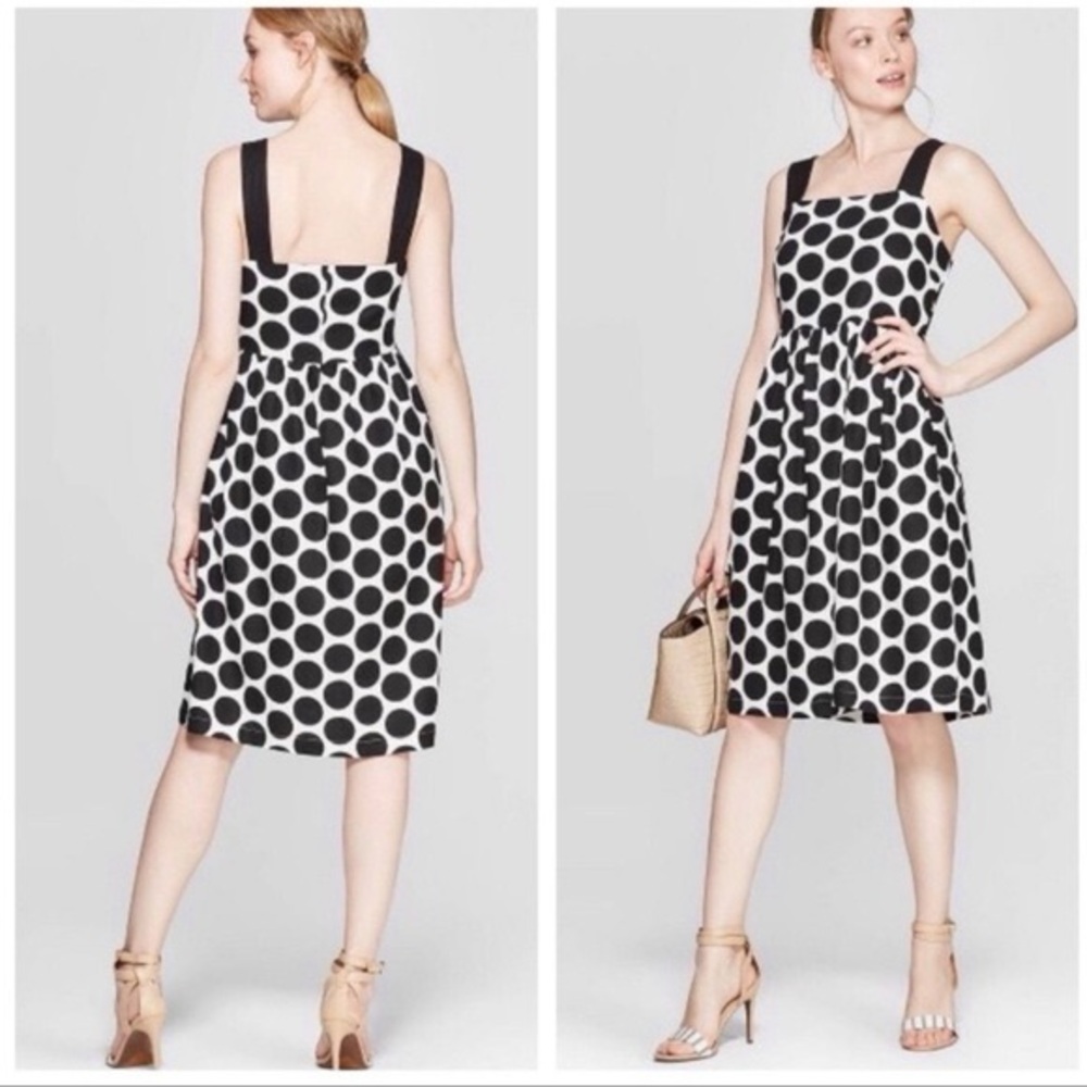 WHO WHAT WEAR LINEN BLEND POLKA DOT DRESS MIDI BLACK AND WHITE SMALL
